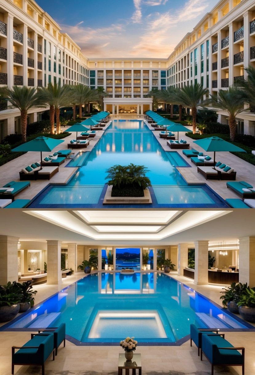 A sprawling pool with cabanas, a spa with plush lounges, a gourmet restaurant, a fitness center, and a concierge desk in a grand lobby