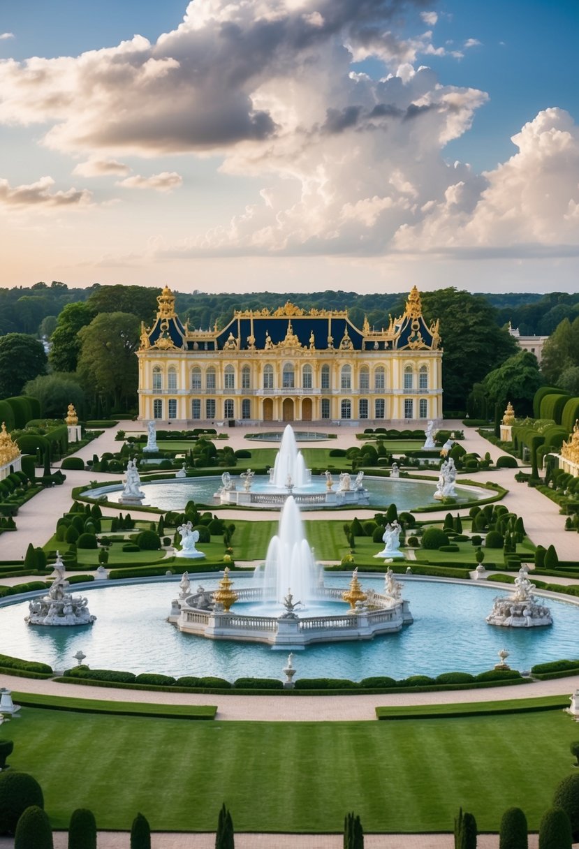 A grand, opulent palace surrounded by lush gardens and fountains, with intricate architecture and luxurious amenities