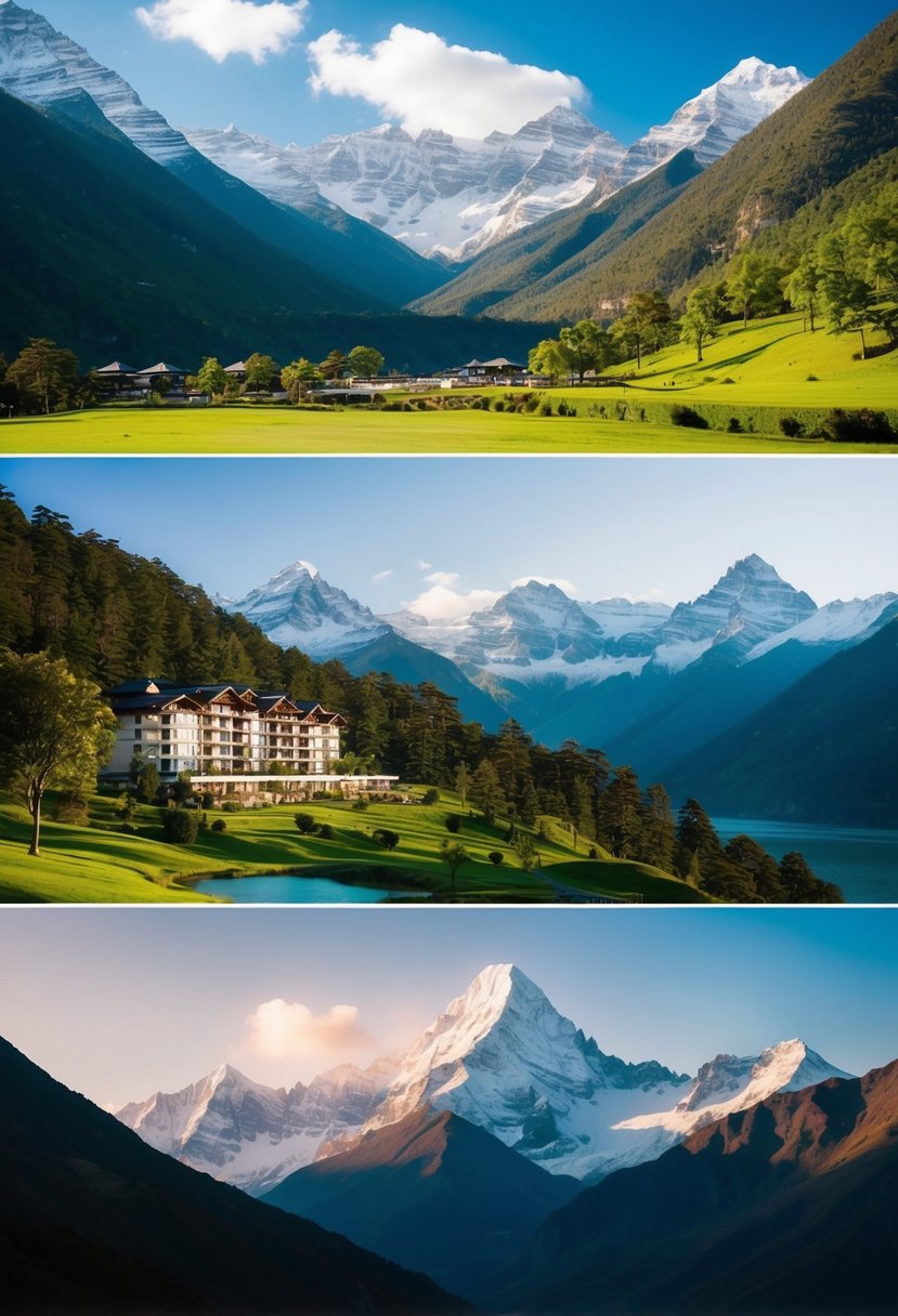 A serene landscape of the Himalayas with lush greenery, snow-capped peaks, and a luxurious resort nestled in the mountains