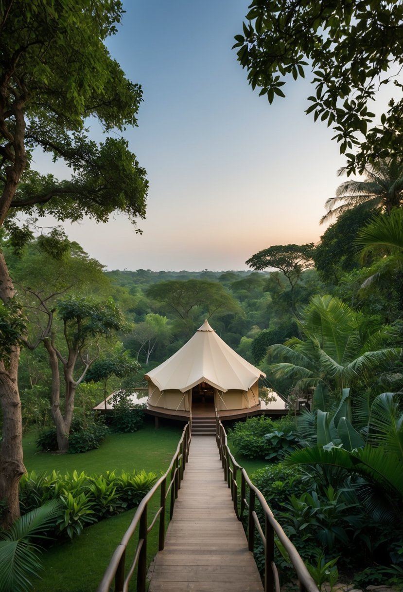Lush jungle surrounds a luxury tent resort, Aman-i-Khás, nestled in Ranthambore, India. Tiger reserves and majestic wildlife offer a serene backdrop