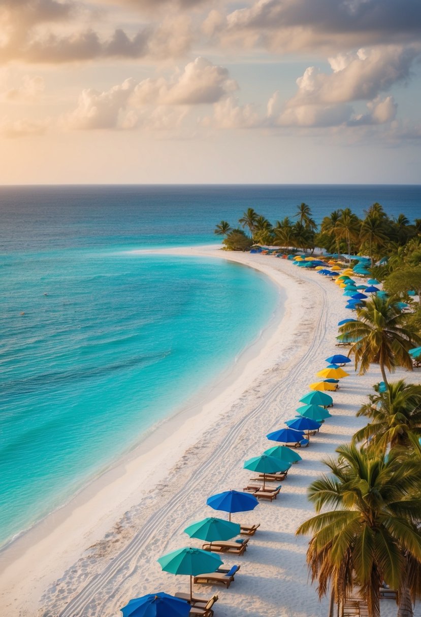 Turquoise waters, white sand, palm trees, and colorful umbrellas dotting the shoreline of the 5 best beaches in Quintana Roo