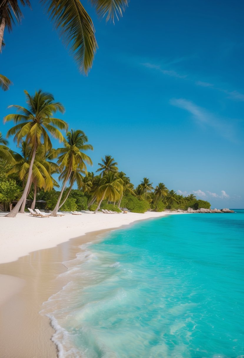 Crystal clear turquoise waters lap gently against the powdery white sand of Tulum Beach, with lush green palm trees swaying in the breeze under a clear blue sky