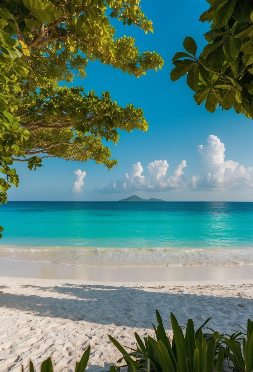 Turquoise waters lap against white sand at Akumal Beach, with lush greenery framing the idyllic scene