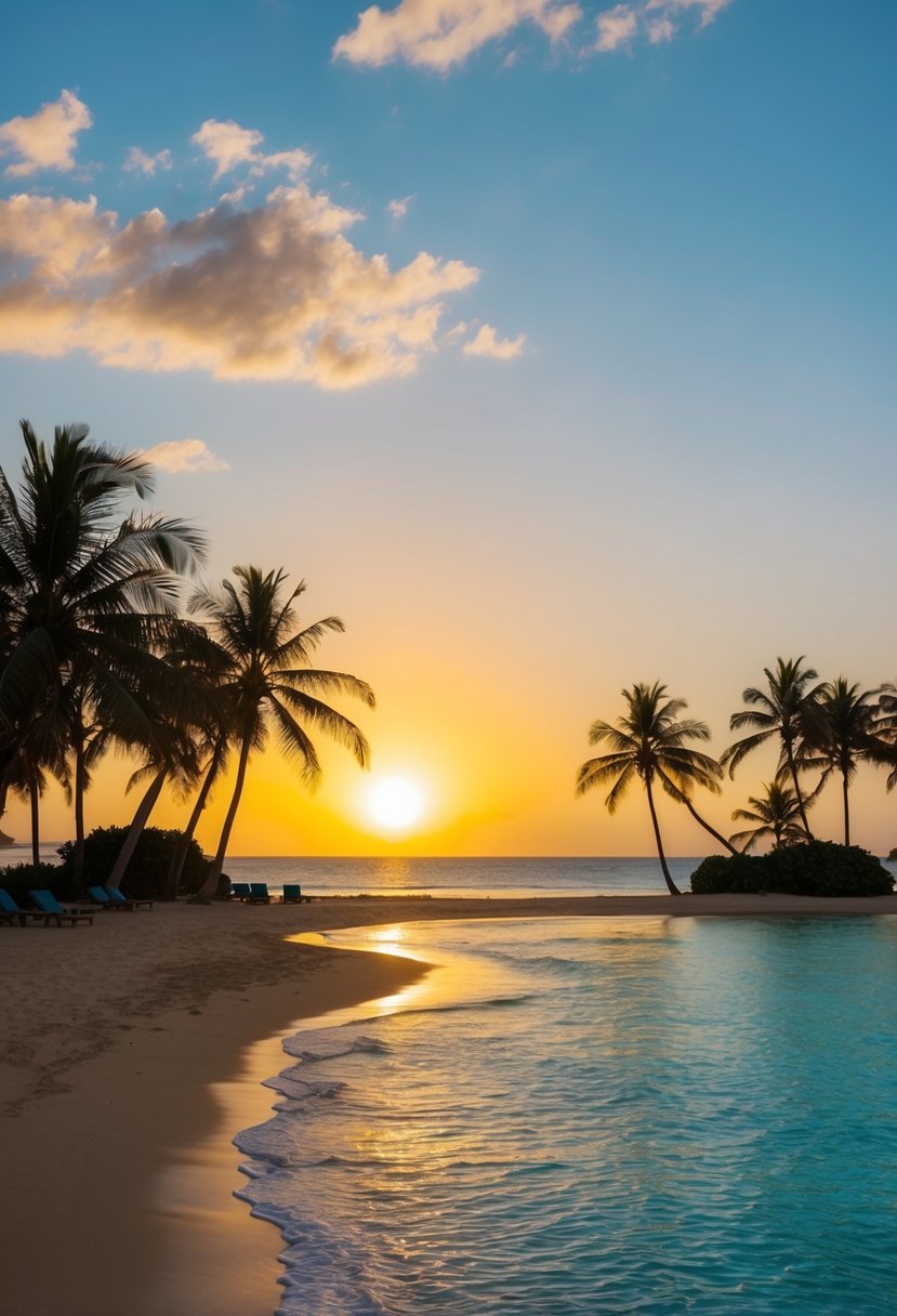 The sun sets over the turquoise waters of Quintana Roo's top beaches, casting a warm glow on the golden sand and palm trees