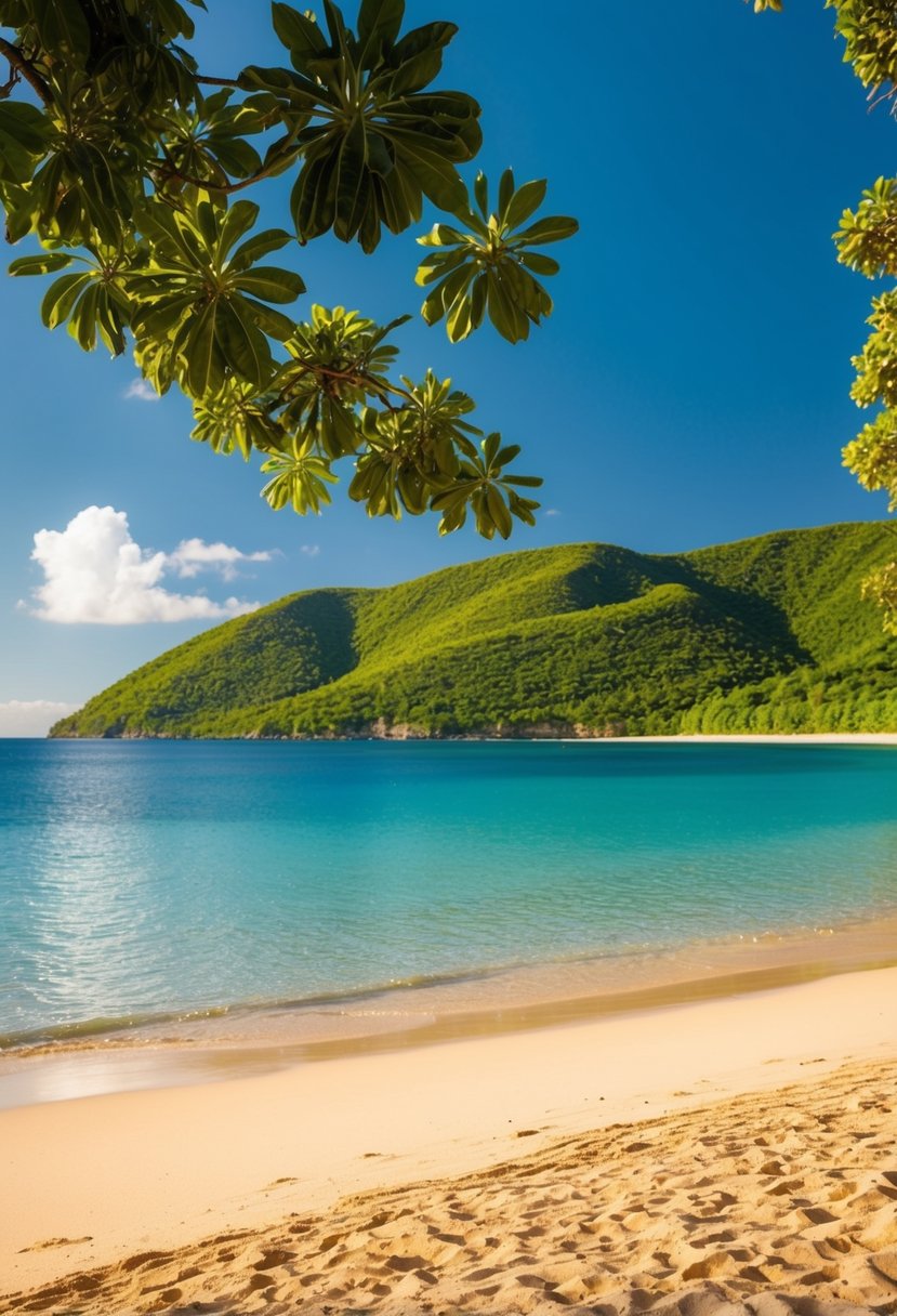 A serene beach with golden sand, clear blue waters, and a backdrop of lush green hills under a bright, sunny sky