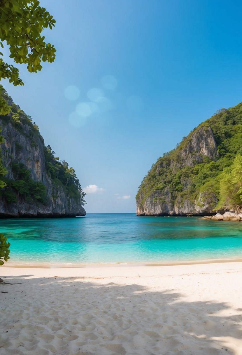 A pristine sandy beach with clear blue waters, surrounded by rocky cliffs and lush greenery. The sun shines down on the tranquil scene, creating a serene and inviting atmosphere