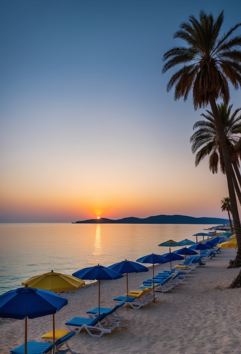 Sunset over the clear blue waters of Rhodes, Greece. Palm trees line the sandy beaches, with colorful umbrellas and loungers dotting the shore