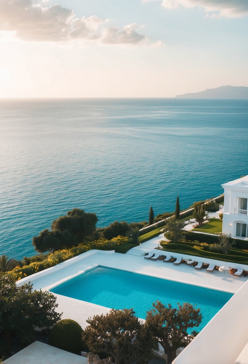 A grand, white-washed resort overlooking the sparkling Aegean Sea with lush gardens and a shimmering pool