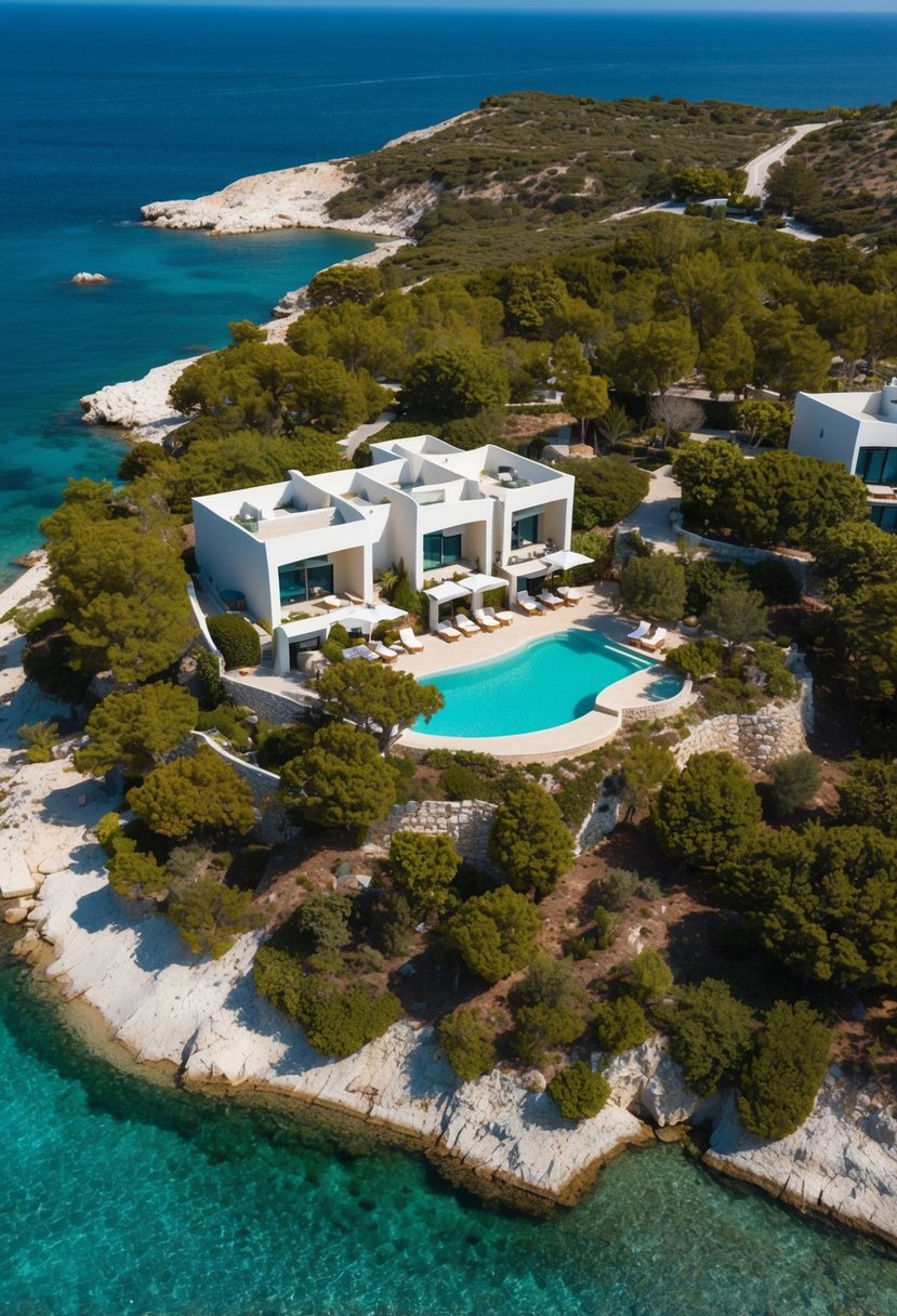 Aerial view of Daios Cove Luxury Resort & Villas in Crete, Greece, nestled in a secluded cove with crystal-clear waters and lush greenery