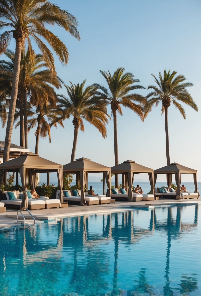 Lush poolside cabanas overlook sparkling blue waters at a top Greek resort. Palm trees sway in the gentle breeze, while guests relax in luxury