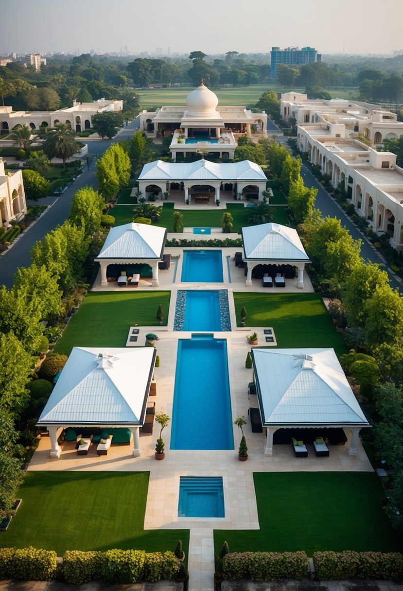 Aerial view of 5 luxurious resorts in Ahmedabad with lush gardens, swimming pools, and elegant architecture