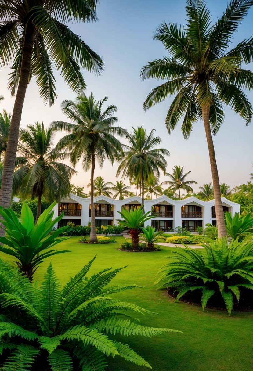 A lush green resort nestled among palm trees and vibrant ferns in Ahmedabad