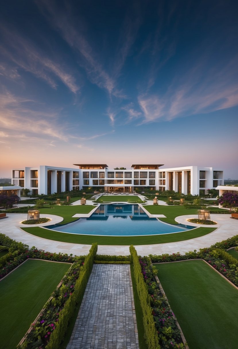 A luxurious resort with modern architecture and lush landscaping in Ahmedabad