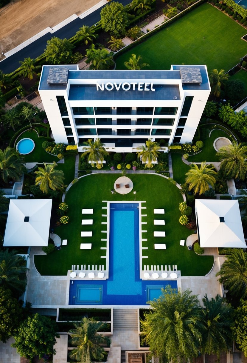 Aerial view of Novotel Ahmedabad resort with lush gardens, pool, and modern architecture