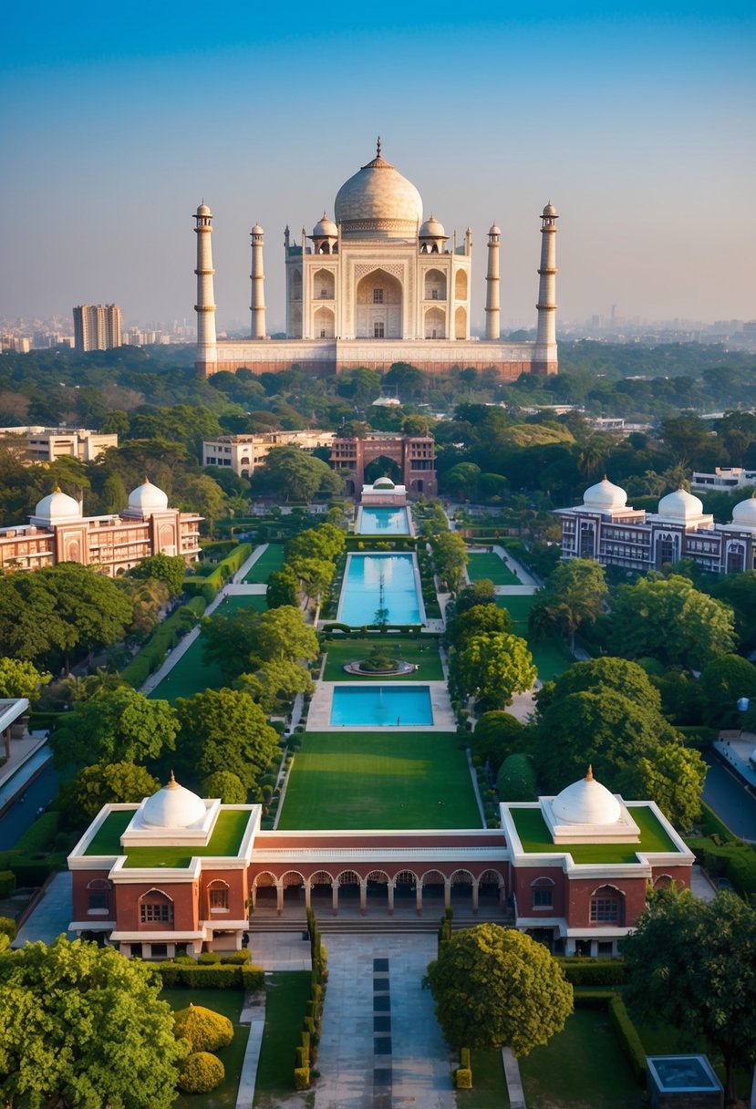 A panoramic view of the Taj Skyline Ahmedabad, surrounded by lush greenery and featuring the top 5 resorts in Ahmedabad