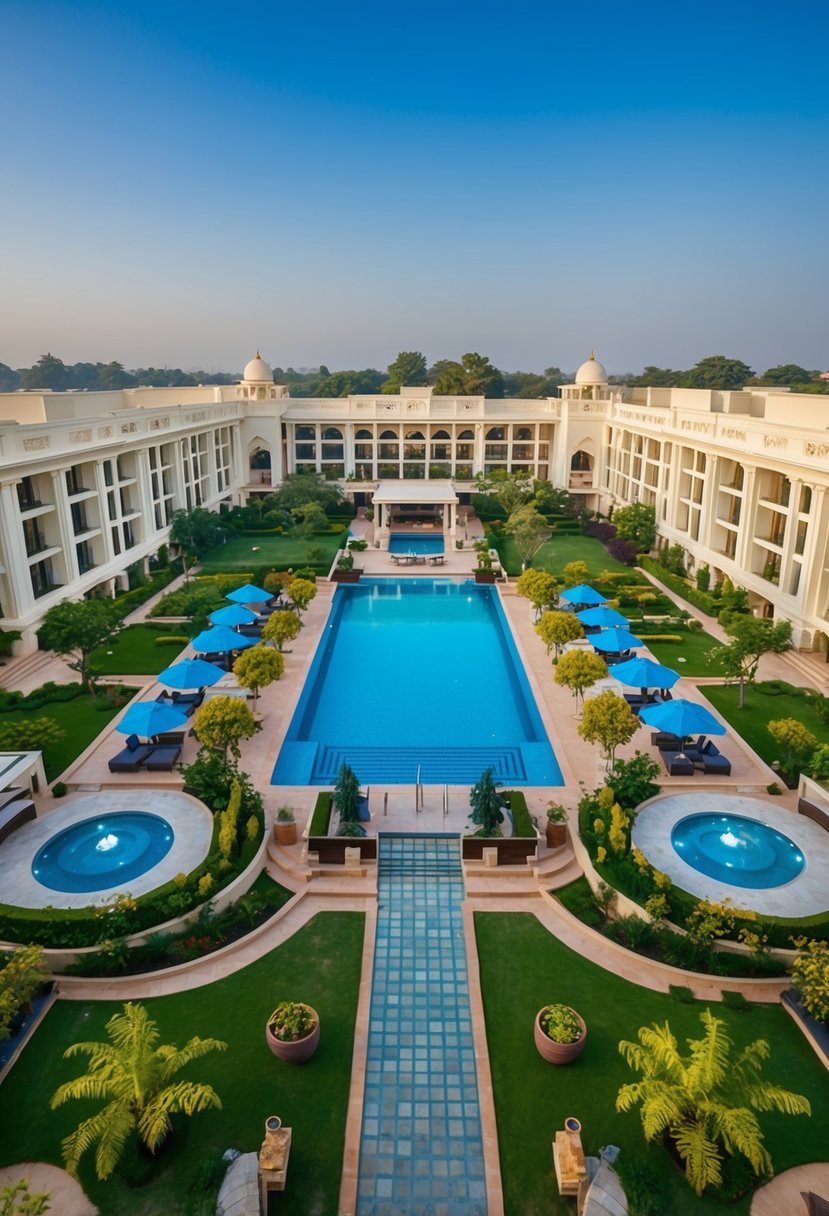 A luxurious resort in Ahmedabad with a grand swimming pool, lush gardens, elegant architecture, spacious rooms, and a serene spa