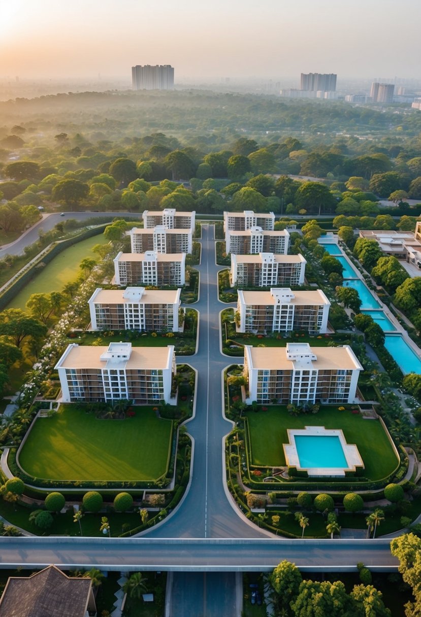 Aerial view of 5 luxury resorts in Ahmedabad, surrounded by lush gardens and accessible by a well-maintained road