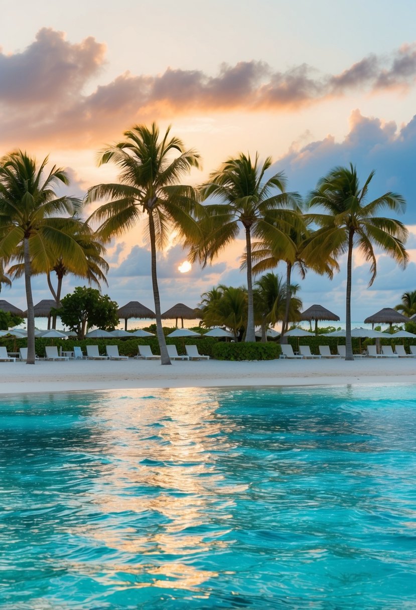 Crystal-clear waters surround luxurious beachfront resorts in the Bahamas. Palm trees sway in the gentle breeze as the sun sets over pristine white sand beaches