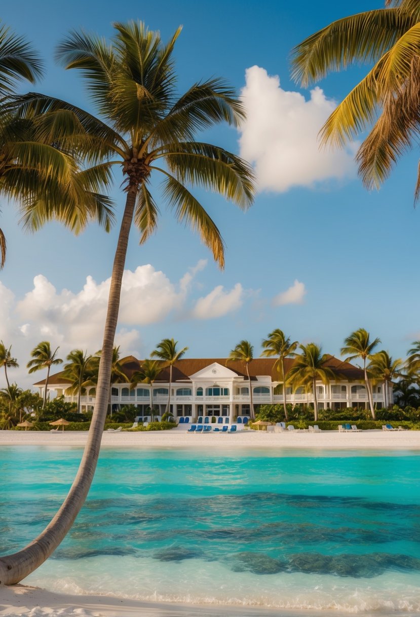 A luxurious beachfront resort with palm trees, crystal-clear waters, and elegant architecture nestled in the Bahamas