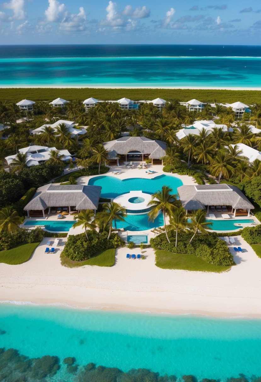 Aerial view of Sandals Emerald Bay resort in the Bahamas, with pristine white sand beaches, turquoise waters, lush palm trees, and luxurious villas and amenities