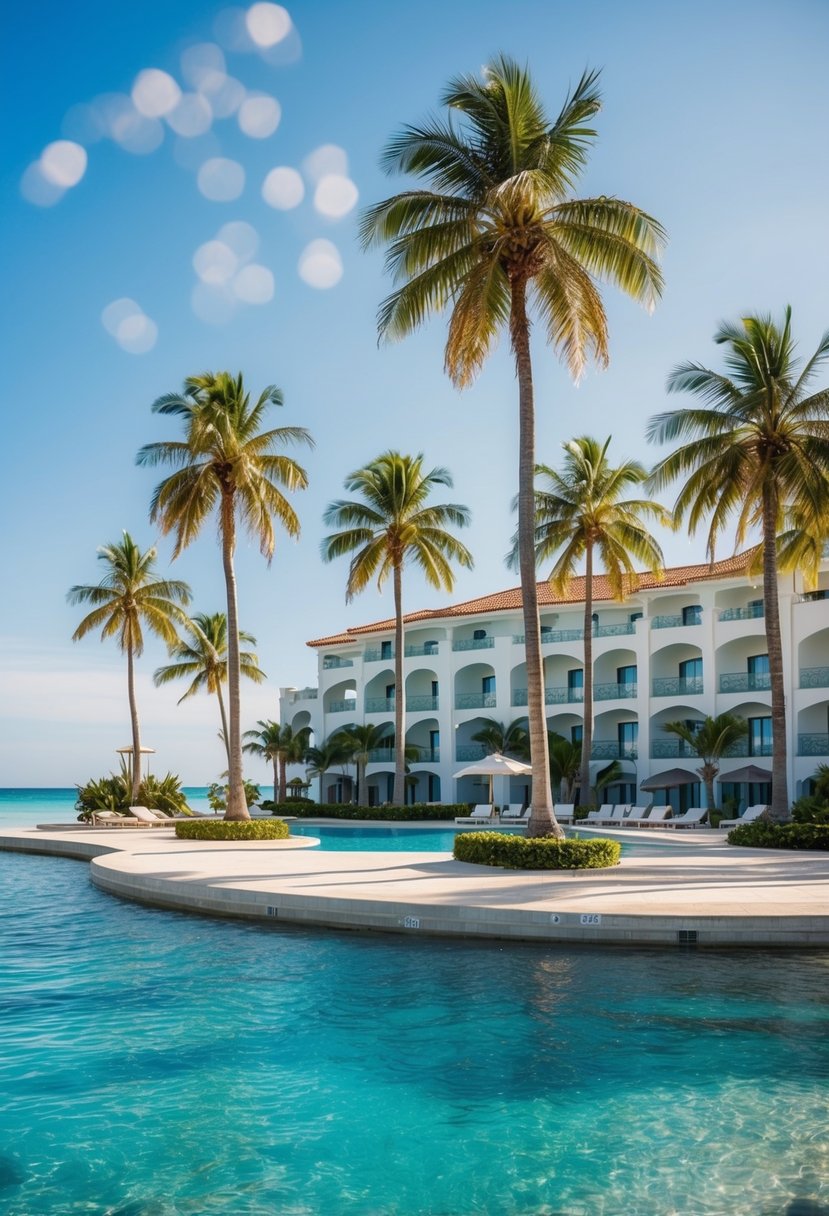 A luxurious beachfront resort with palm trees, crystal-clear waters, and elegant architecture