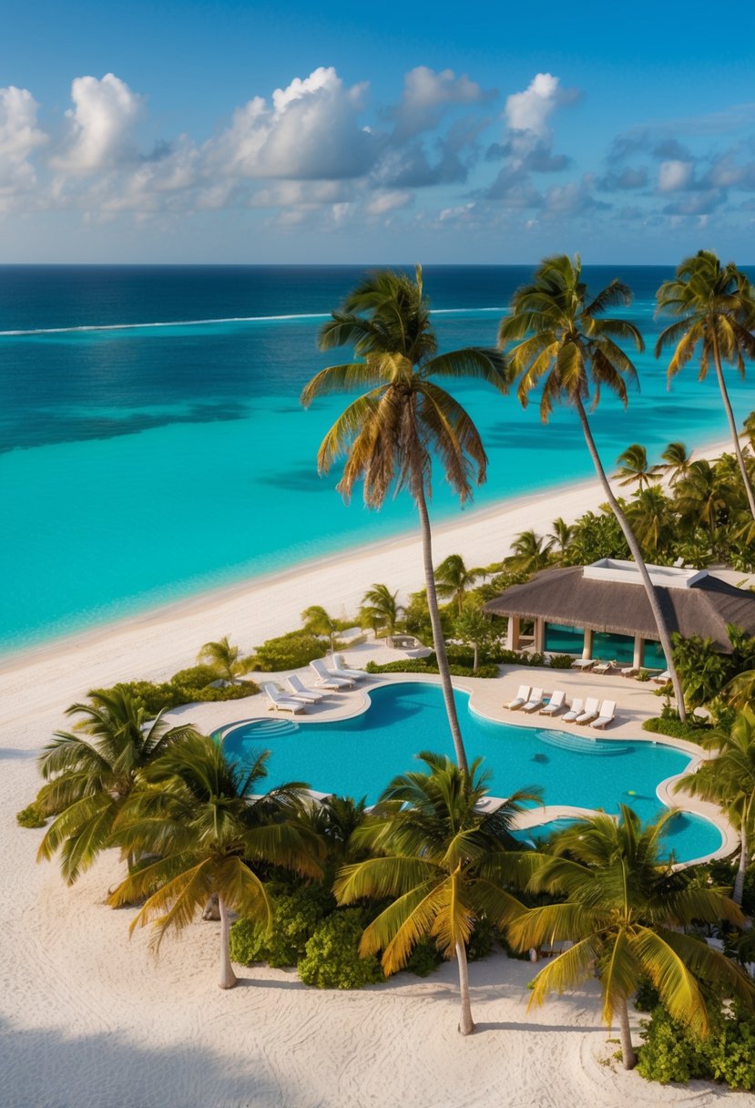 Aerial view of Rosewood Baha Mar resort in the Bahamas, with pristine beaches, lush palm trees, and luxurious pools
