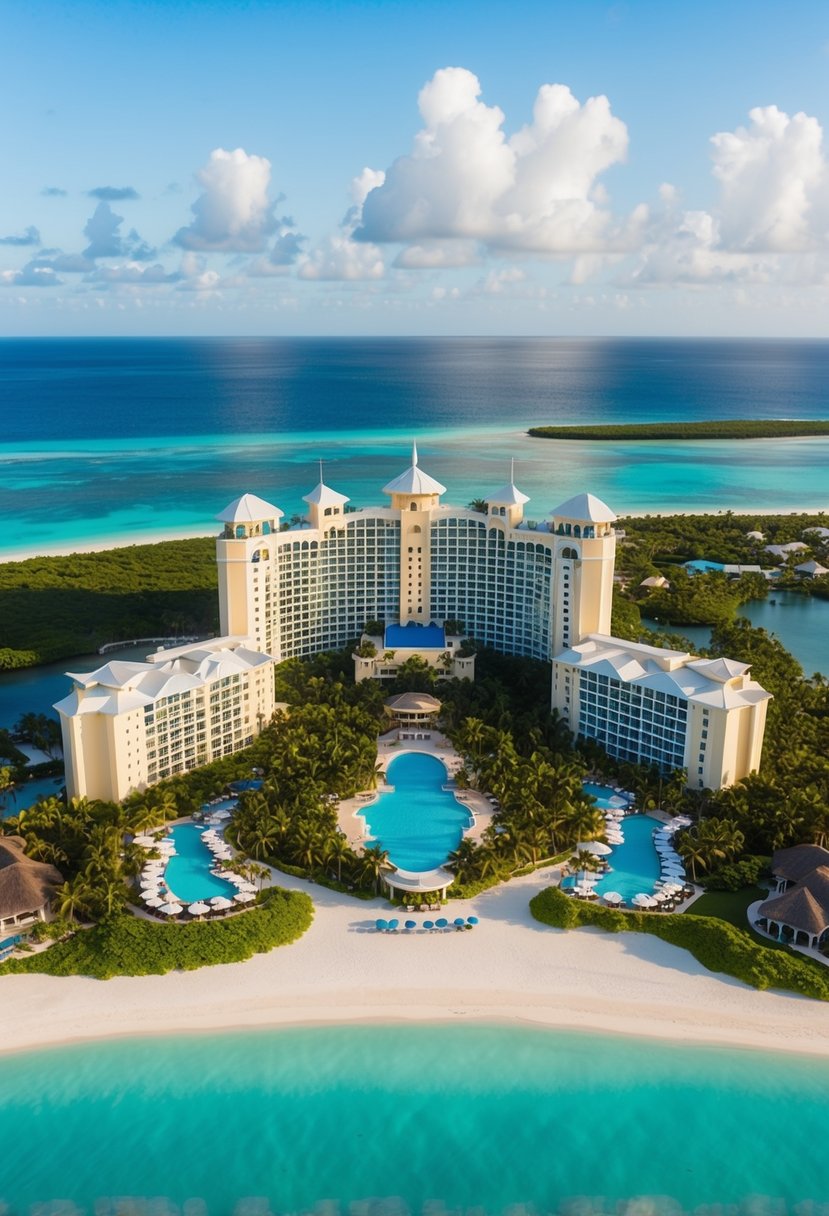 Aerial view of Atlantis Paradise Island resort in the Bahamas with lush greenery, pristine beaches, and luxurious buildings