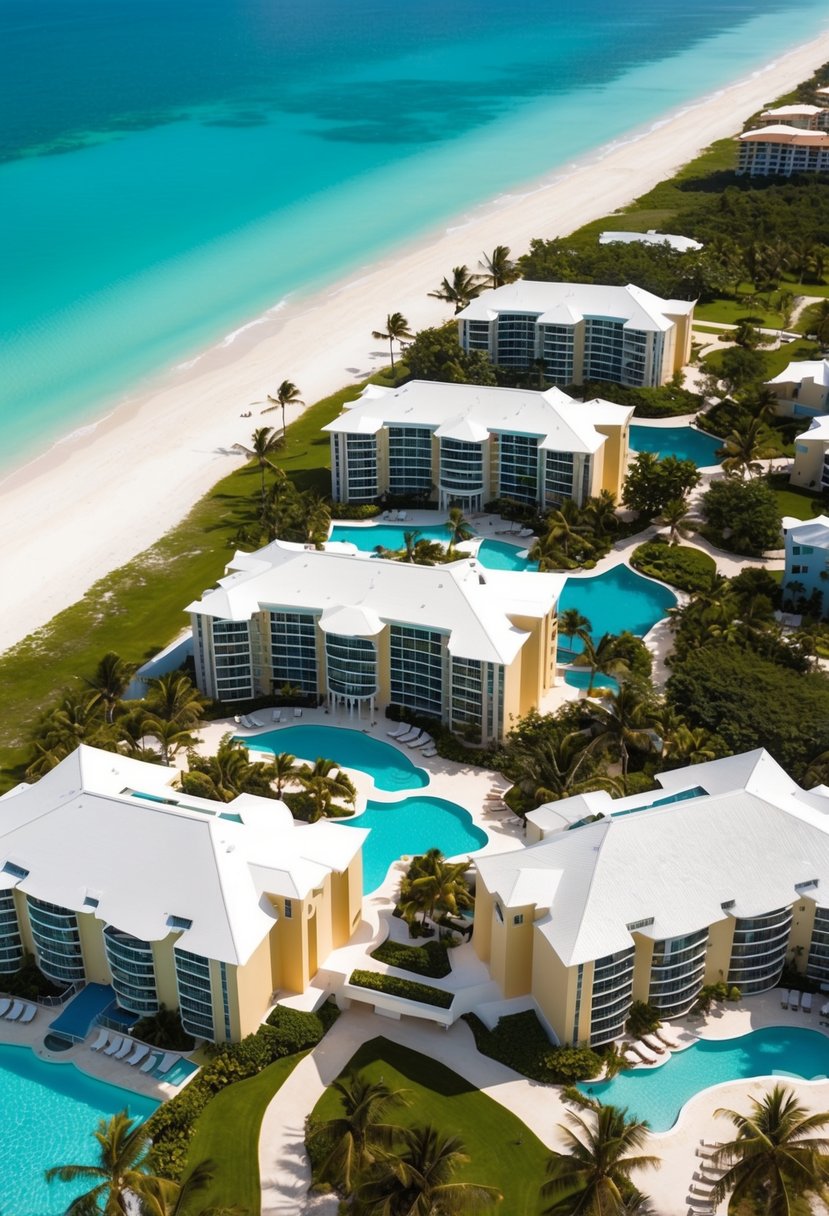 Aerial view of 5 luxurious resorts in the Bahamas, surrounded by crystal-clear turquoise waters and white sandy beaches, with palm trees and lush greenery