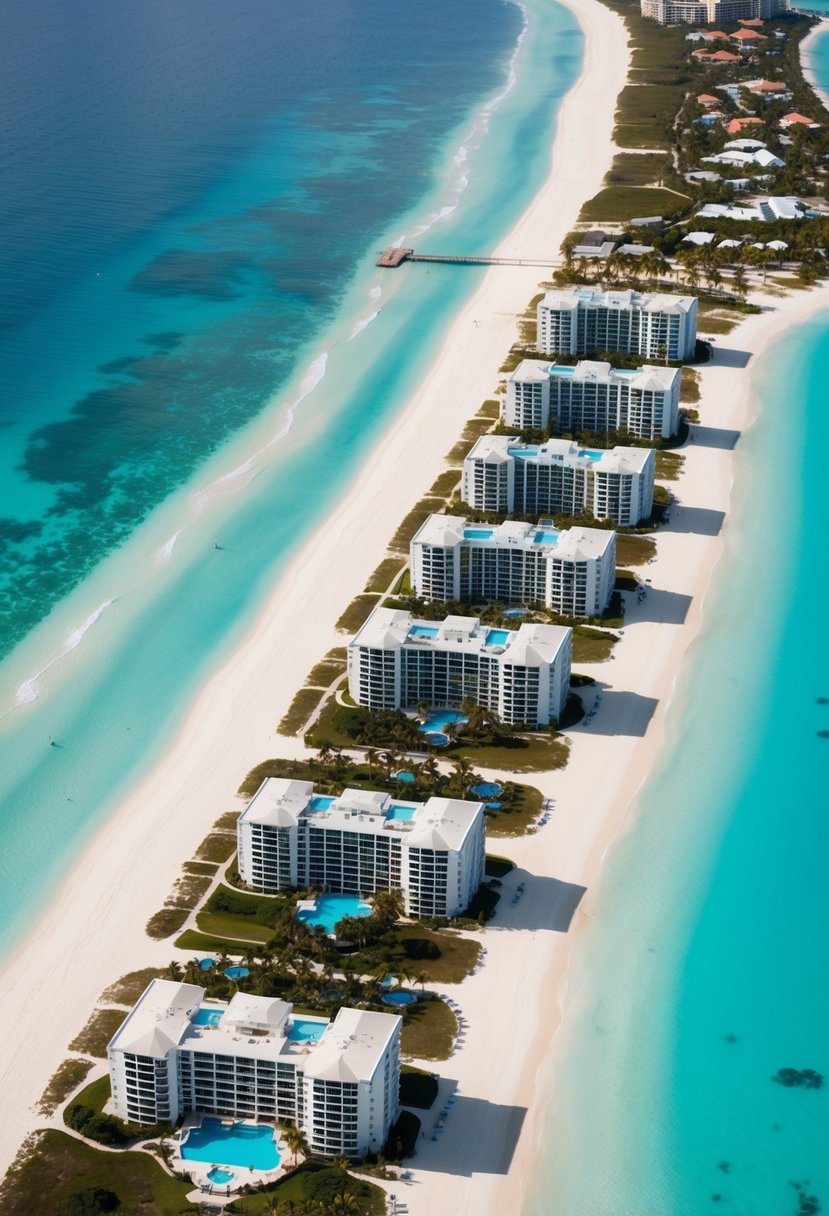 Aerial view of 5 luxurious beachfront resorts in the Bahamas, surrounded by crystal-clear turquoise waters and white sandy beaches