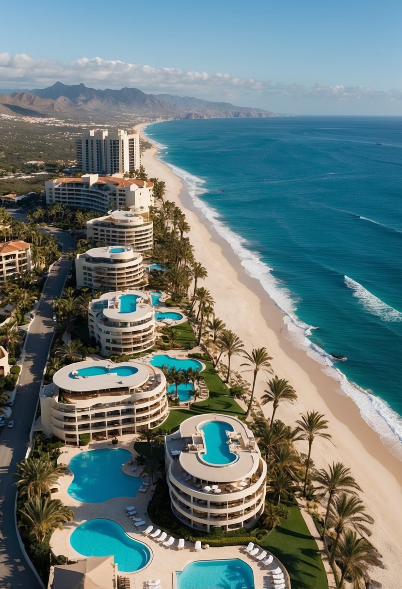Aerial view of 5 luxury resorts in Cabo San Lucas, nestled along the coastline with palm trees, pools, and pristine beaches