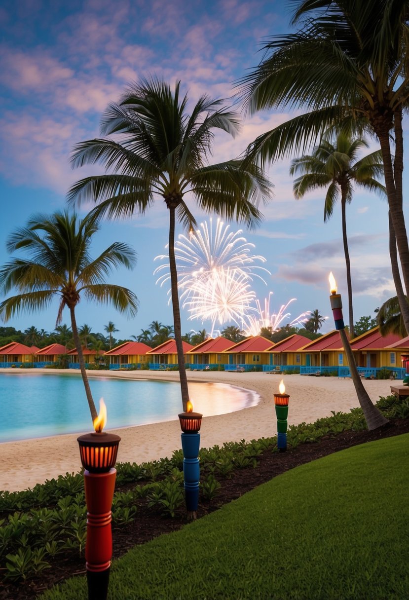 A tropical resort with palm trees, tiki torches, and a sandy beach overlooking a lagoon with colorful bungalows and a view of the Magic Kingdom fireworks