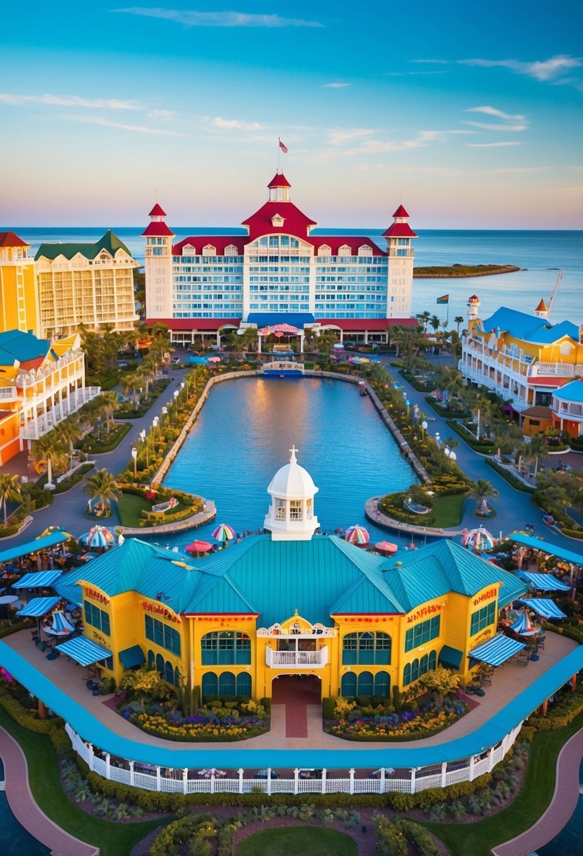 A charming, colorful resort with a bustling boardwalk, lively entertainment, and a serene waterfront, surrounded by lush gardens and stunning architecture