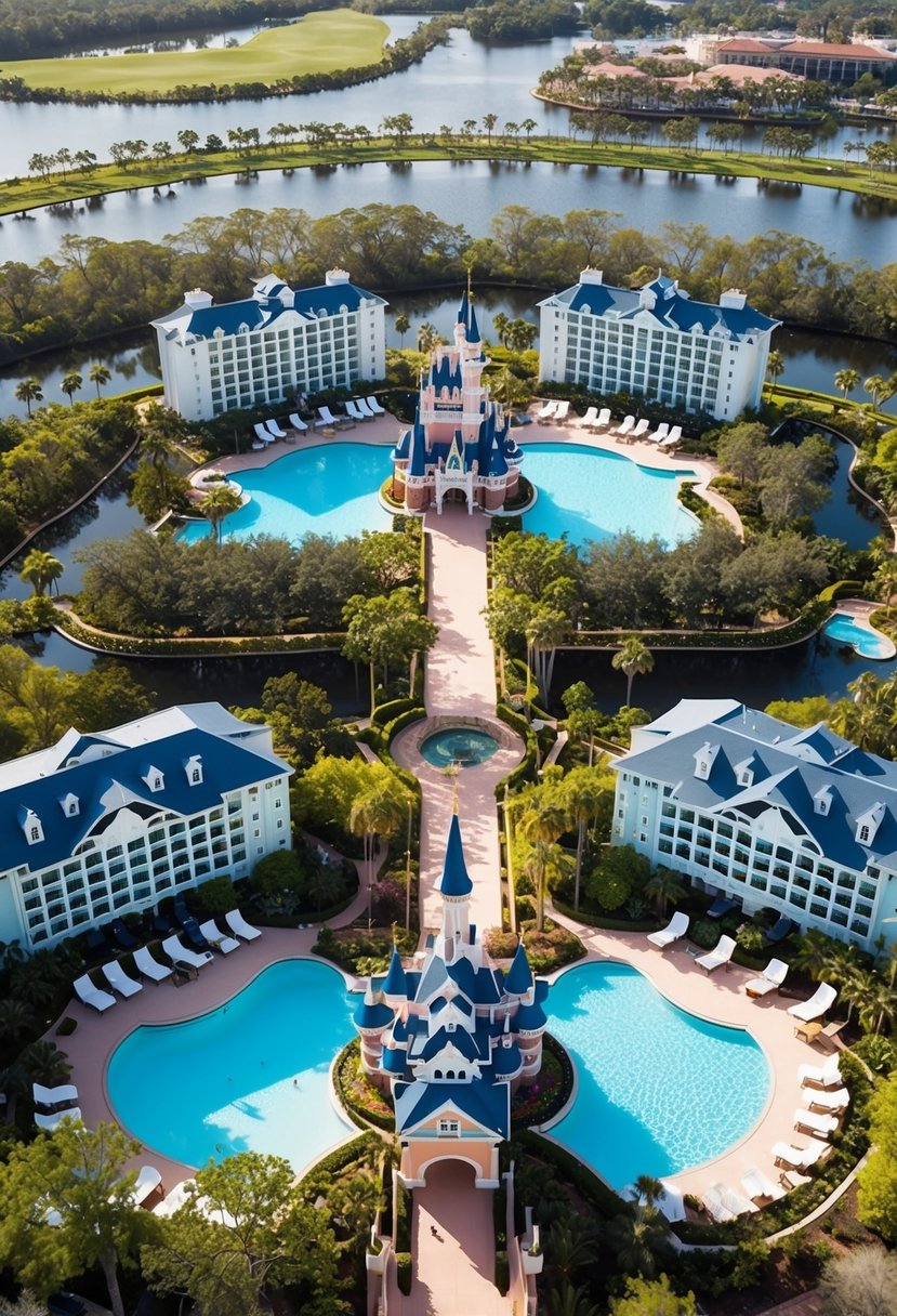 Aerial view of Disney World with 5 top resorts surrounded by lush gardens and sparkling pools, showcasing the magical experience of choosing the perfect vacation destination