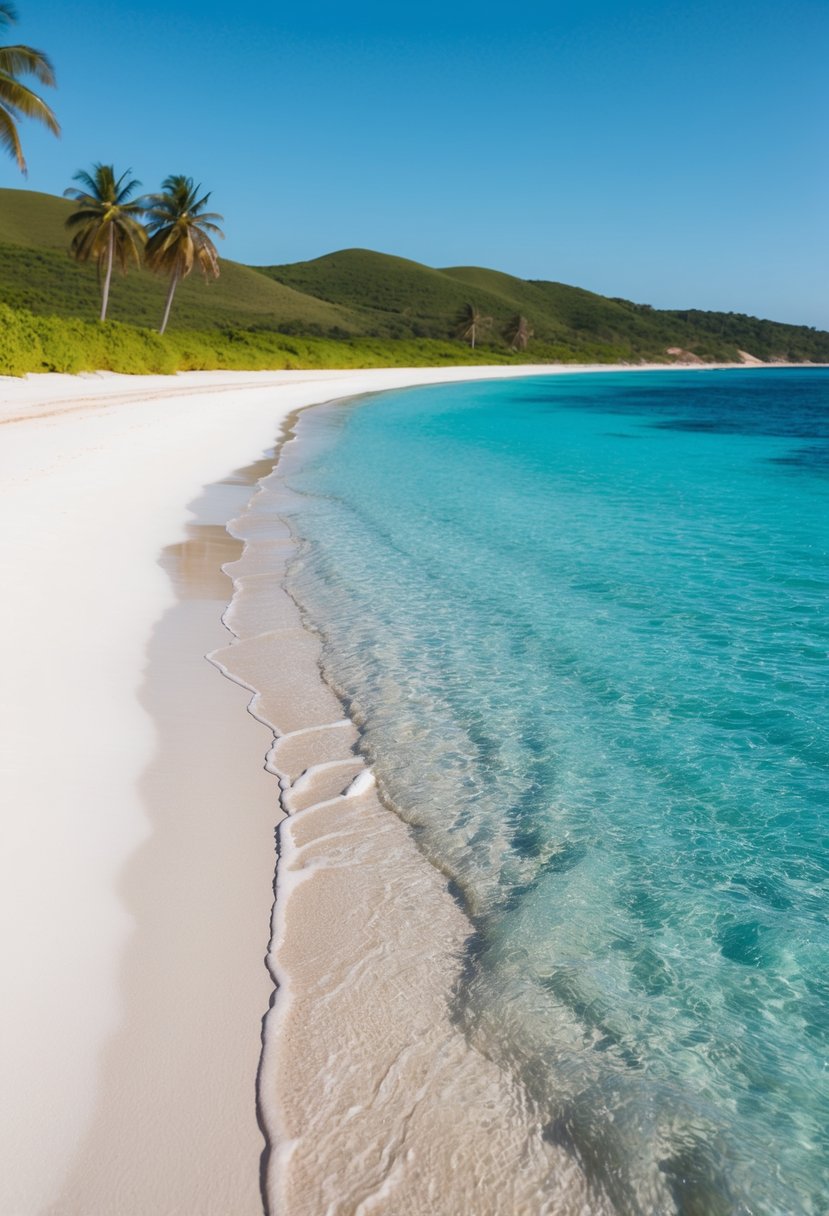 Crystal clear water gently washing up on white sandy shores with lush green hills in the background. Palm trees sway in the breeze under a clear blue sky