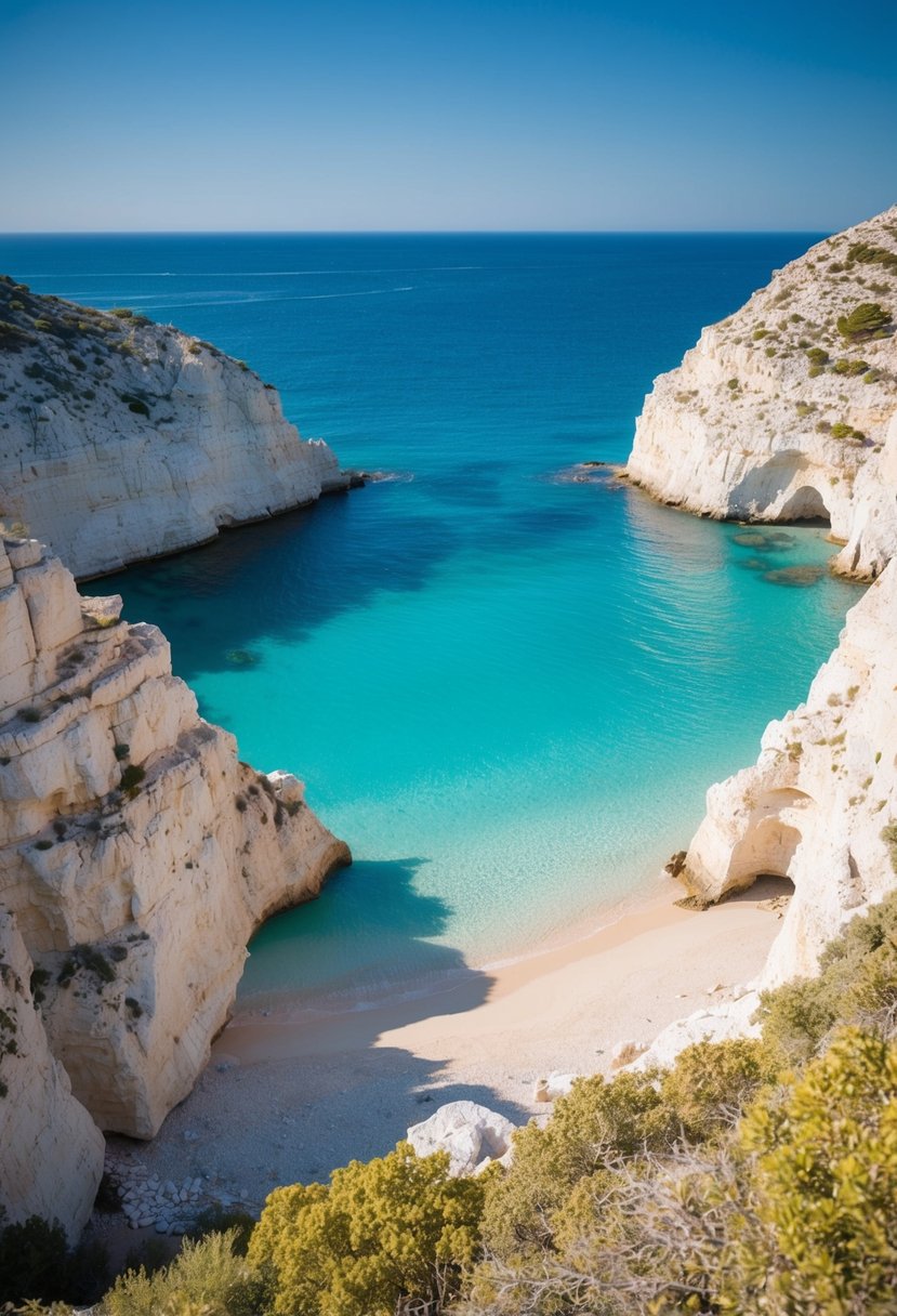 A pristine cove with turquoise waters, white limestone cliffs, and a small, perfect beach nestled between the rugged coastline of Sardinia