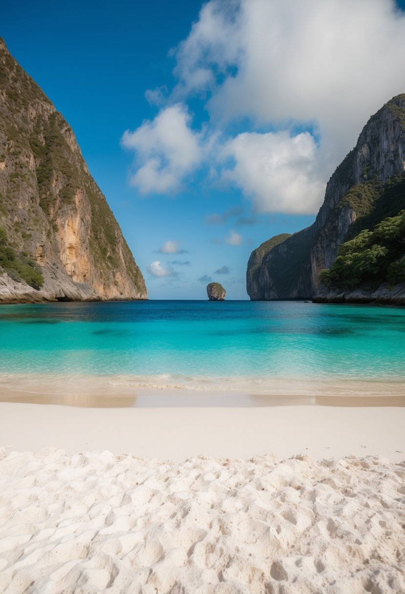 A pristine white sandy beach with crystal clear turquoise water, surrounded by rugged cliffs and lush greenery