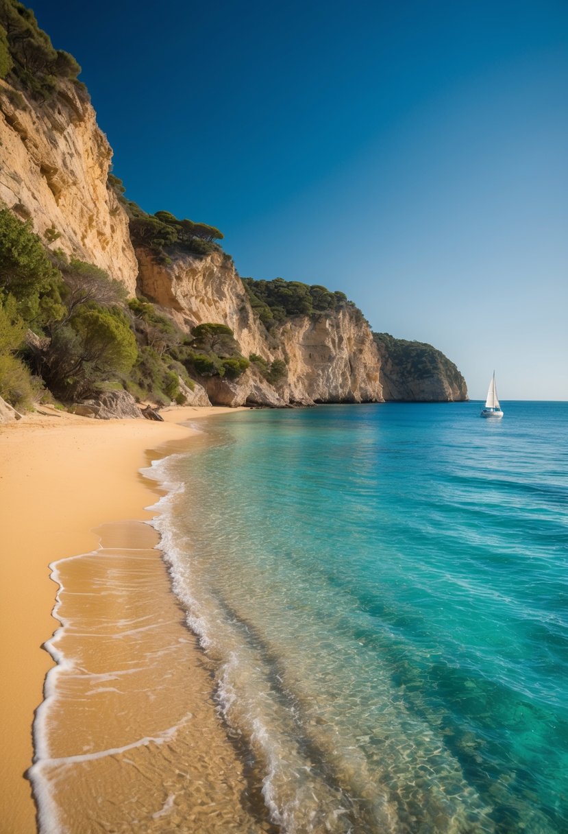 Crystal-clear waters lap against golden sandy shores, framed by rugged cliffs and lush greenery. A lone sailboat drifts in the distance, under a clear blue sky