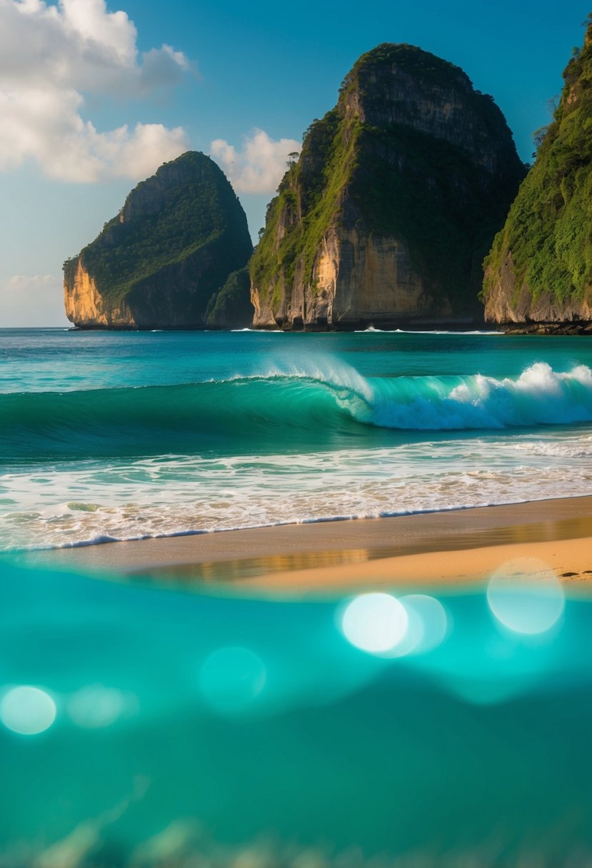 Turquoise waves crash against the golden sandy shore, framed by towering cliffs and lush greenery at the 5 best beaches in Uluwatu