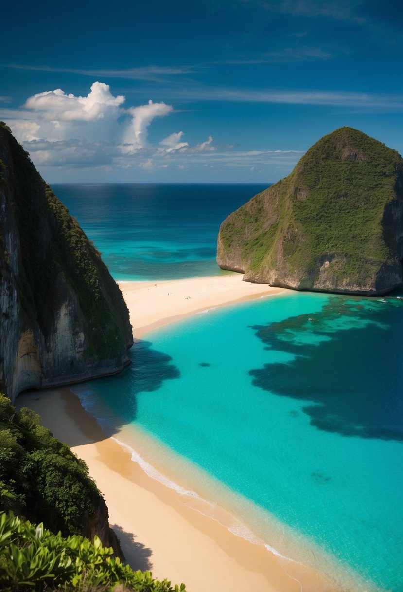 A pristine beach with turquoise waters, golden sands, and lush green cliffs, surrounded by the natural beauty of Uluwatu