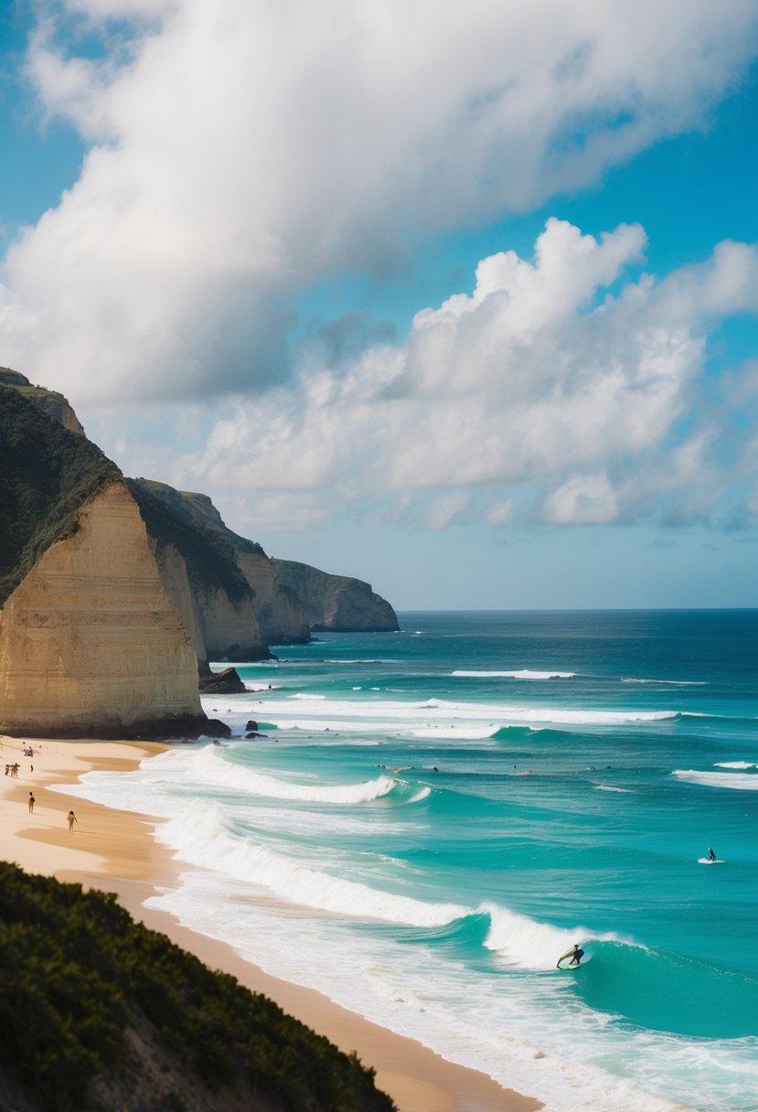 Suluban Beach: towering cliffs, golden sand, turquoise waves, and surfers catching the perfect wave