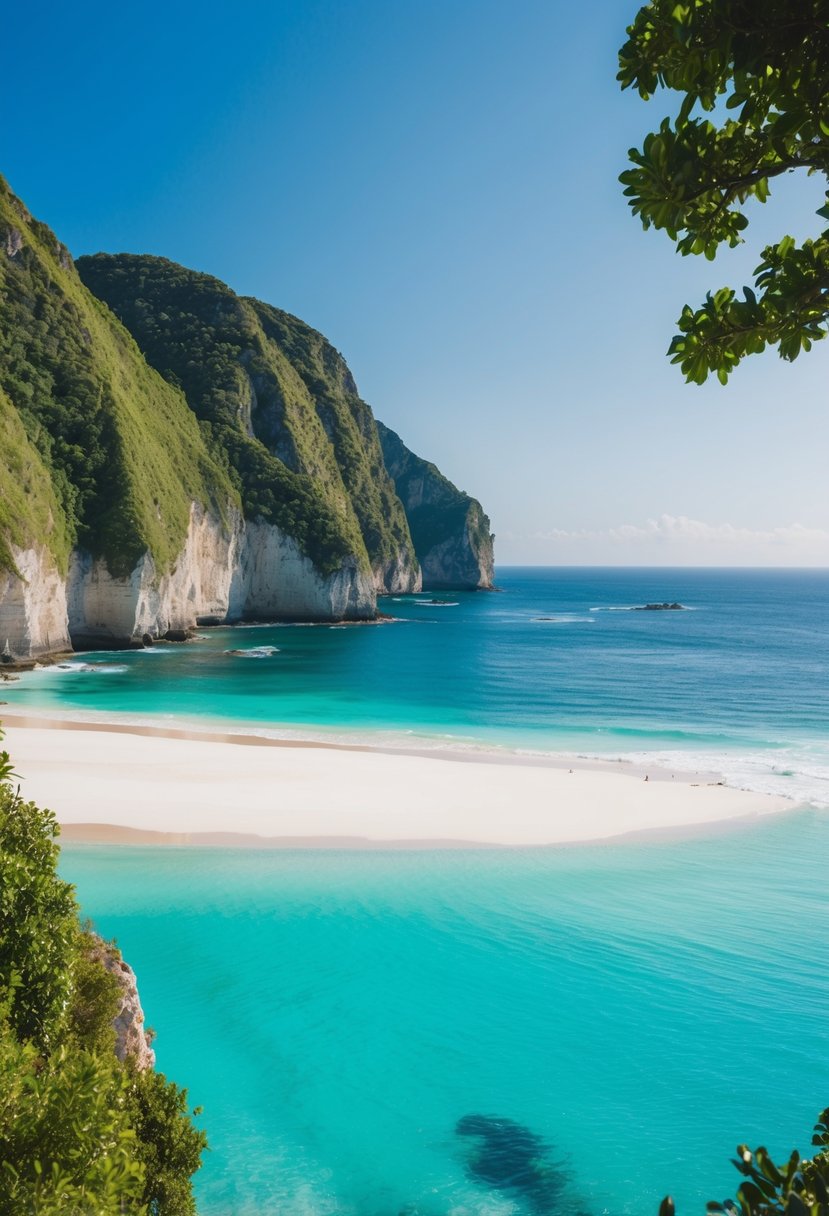 A pristine beach with turquoise waters, white sand, and lush green cliffs, framed by a clear blue sky and gentle waves