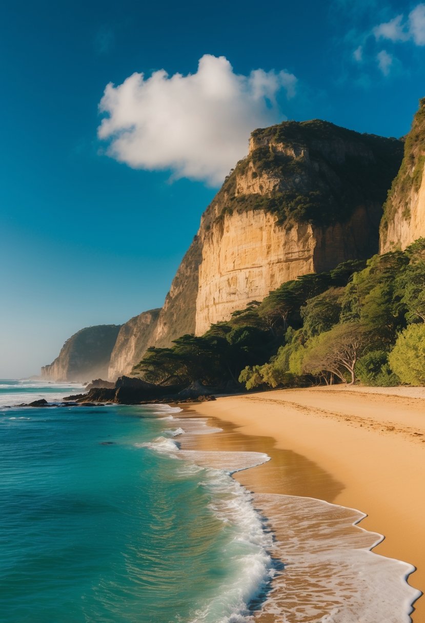 A serene beach with golden sands, clear blue waters, and towering cliffs, surrounded by lush greenery and the sound of crashing waves