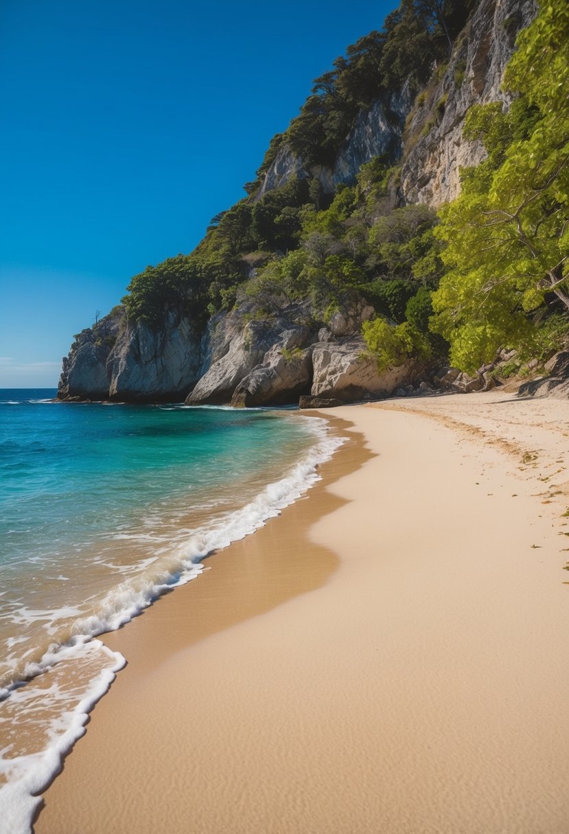 Sandy beach with clear blue waters, surrounded by rocky cliffs and lush greenery. Waves gently lap the shore under a bright blue sky