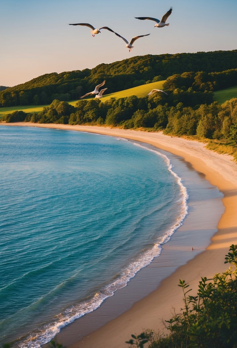 Sunset over sandy beach with clear blue water, surrounded by lush green trees and rolling hills. Seagulls flying overhead, with gentle waves lapping the shore