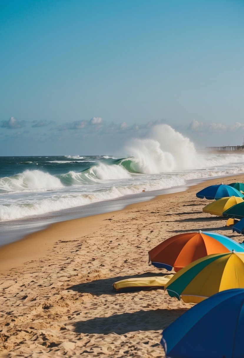 A sunny beach with golden sand, crashing waves, and colorful beach umbrellas dotting the shoreline