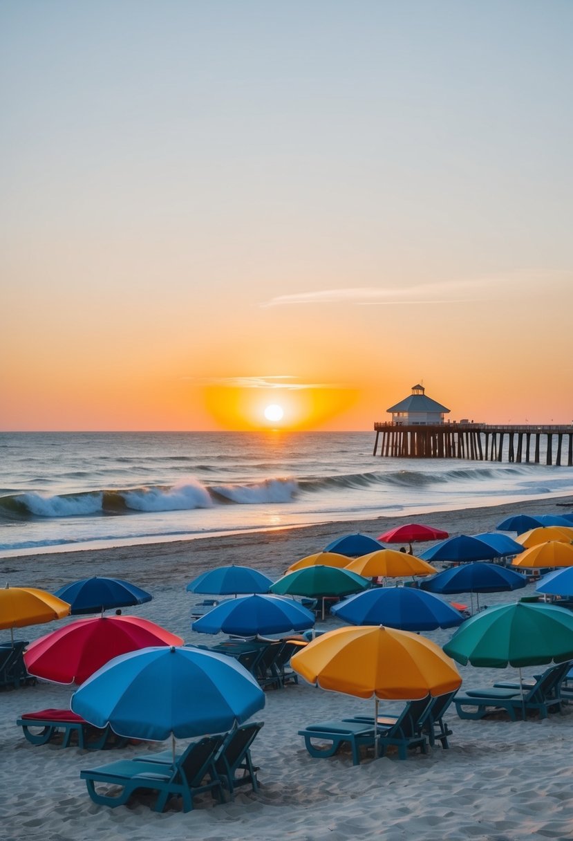 The sun sets over the sandy shore of Coney Island Beach, with colorful umbrellas dotting the coastline and waves crashing against the pier