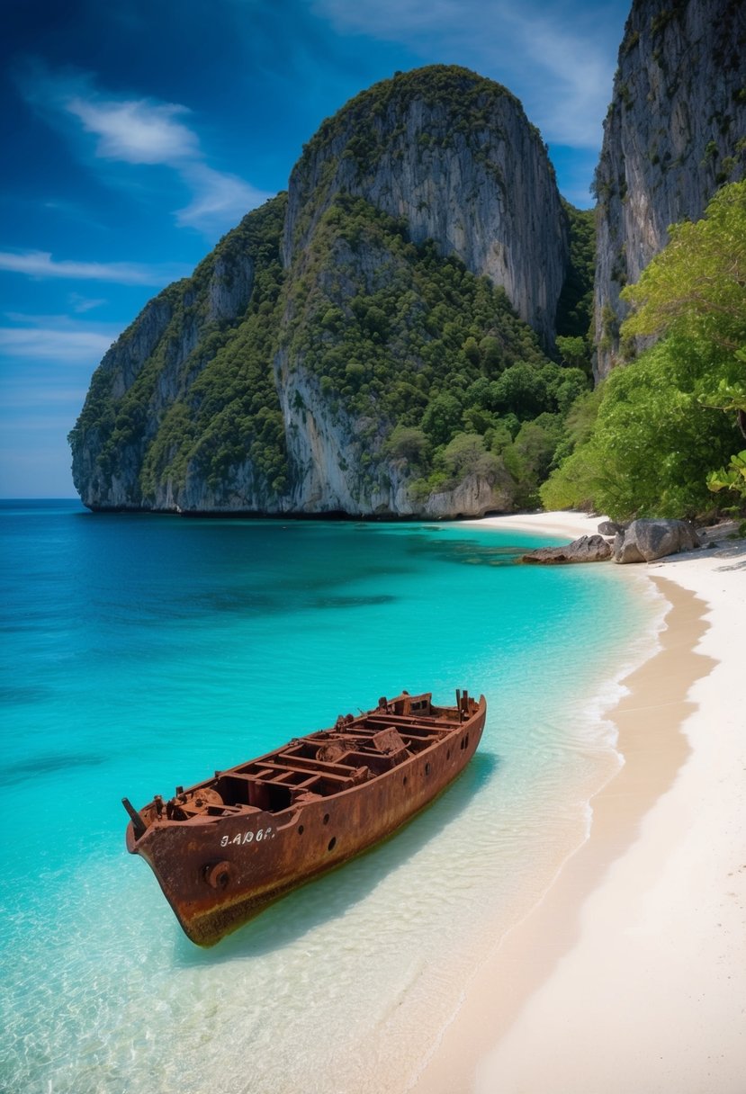 A secluded cove with turquoise waters, white sandy beach, and a rusting shipwreck half-buried in the sand. Surrounded by towering limestone cliffs and lush greenery