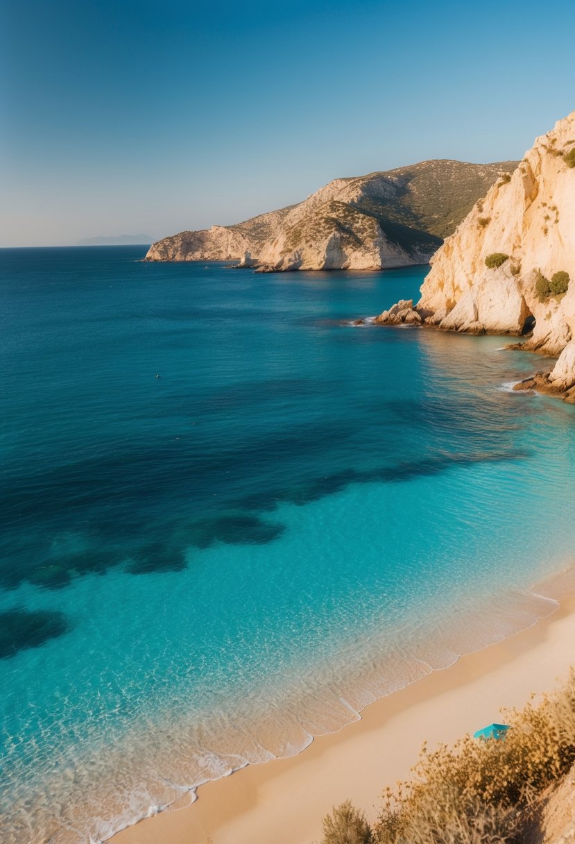 Golden sand, turquoise waters, and rocky cliffs at Agios Nikolaos Beach in Zakynthos, Greece. A serene and picturesque coastal scene with clear blue skies and gentle waves