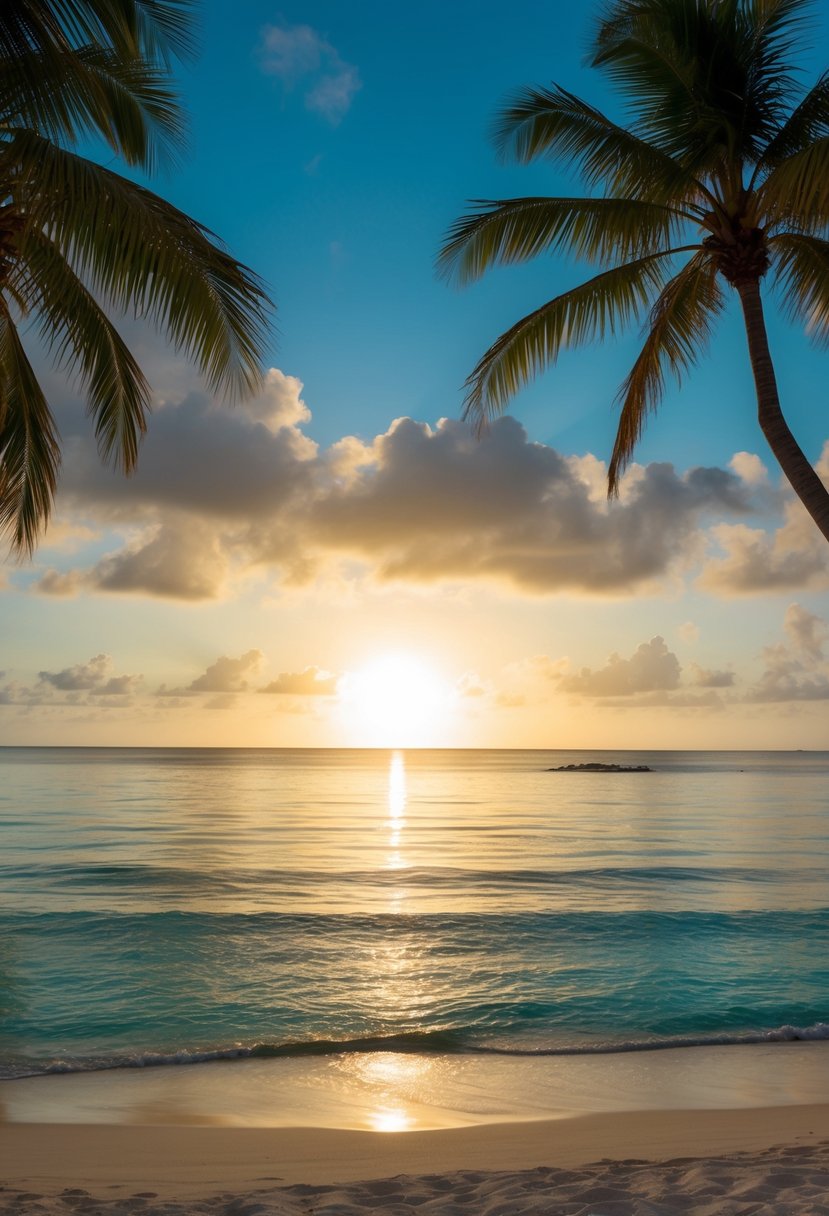 The sun sets over the luxurious Marriott's Frenchman's Cove resort in St. Thomas, with palm trees swaying in the gentle breeze and the crystal-clear waters of the Caribbean lapping at the sandy shore