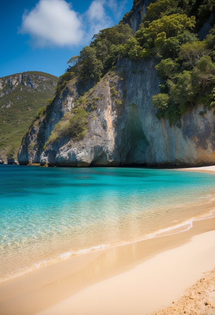 A serene beach with crystal-clear turquoise water, golden sands, surrounded by lush greenery and rugged cliffs